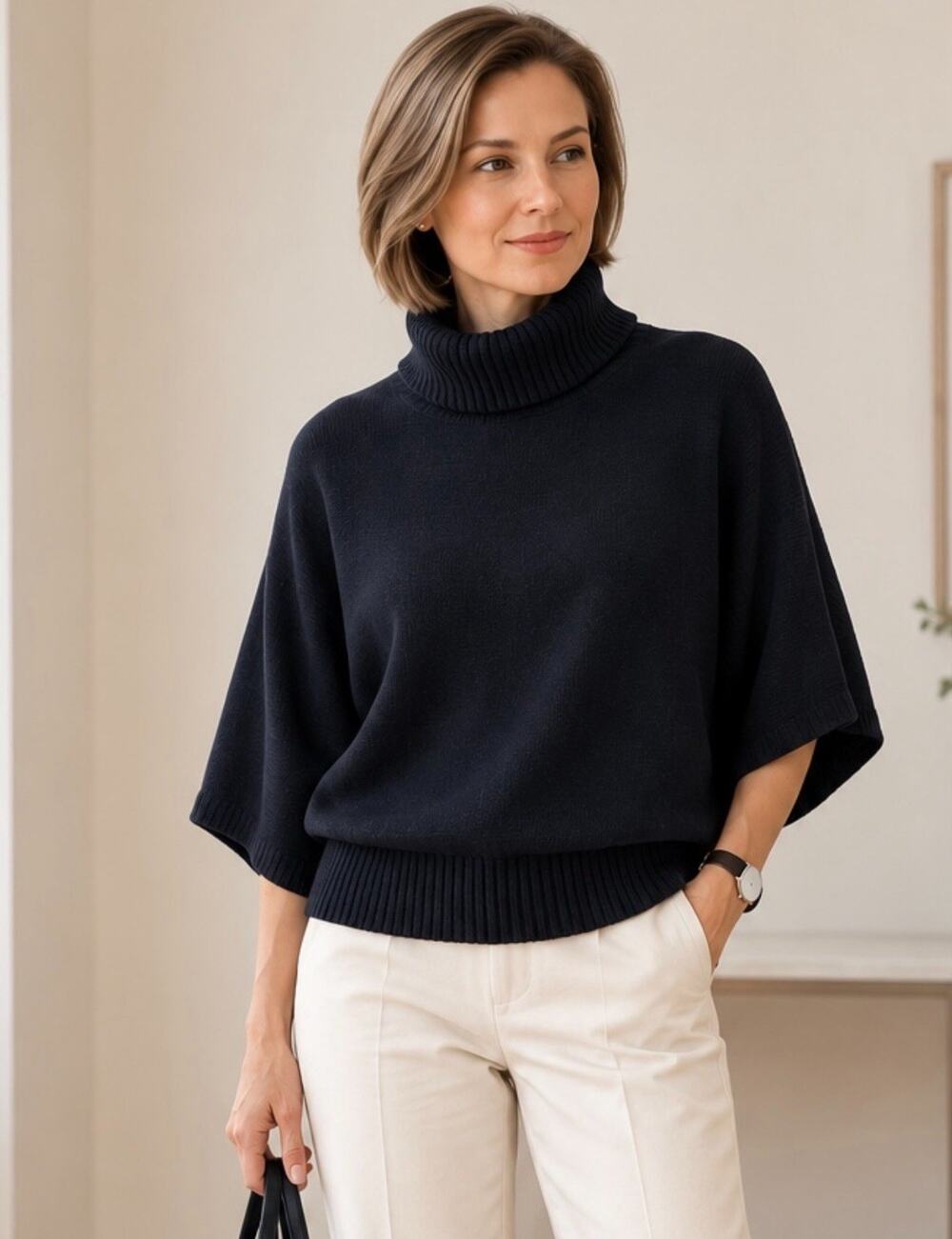 INC International Concepts XS Black Turtleneck Sweater Dolman Batwing Sleeves
